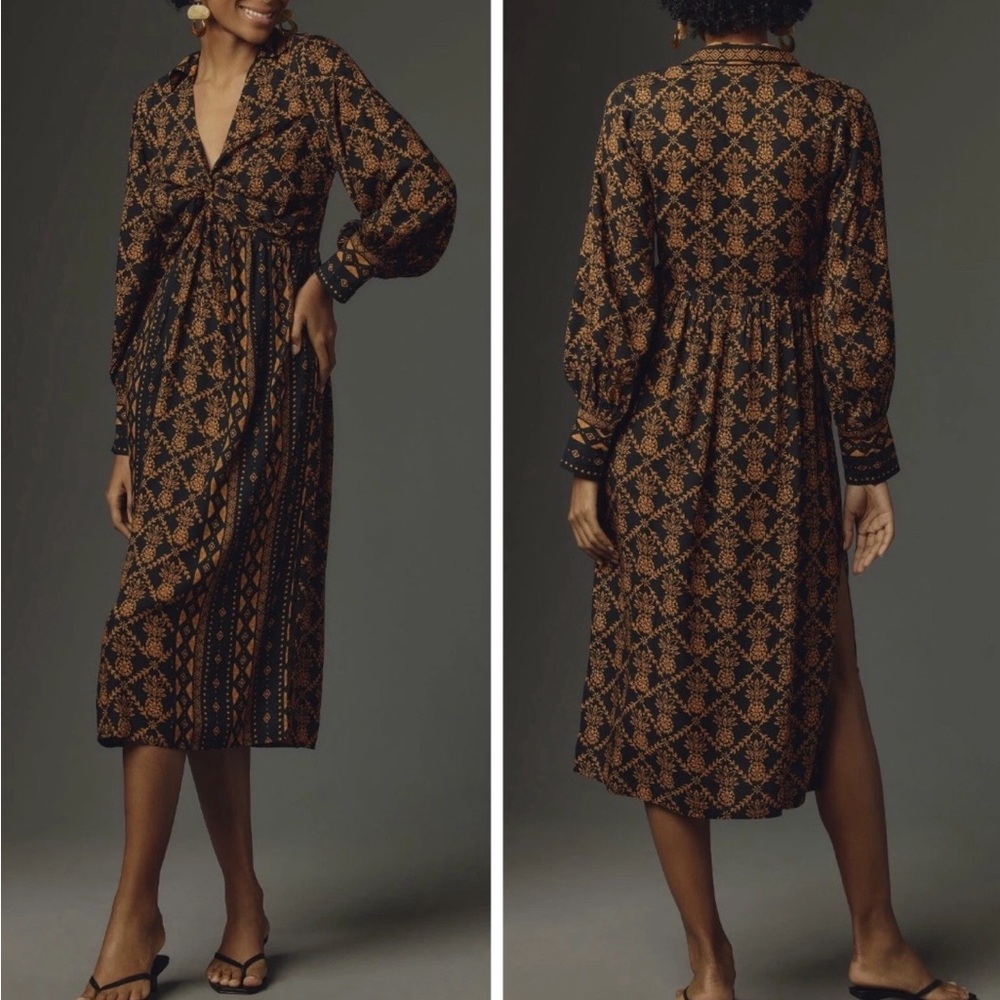 Farm Rio Brown Smocked V-Neck Long Sleeve Sundress